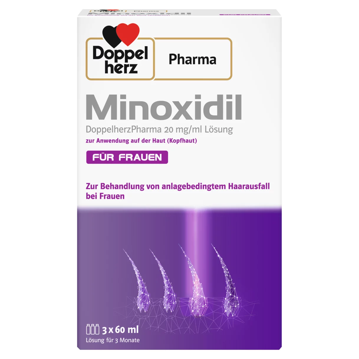 Abbildung der Produktverpackung DoppelherzPharma Minoxidil DoppelherzPharma 20 mg/ml Lösung zur Anwendung auf der Haut (Kopfhaut)  Frontansicht